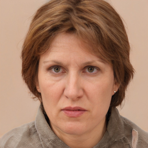 Joyful white adult female with medium  brown hair and grey eyes