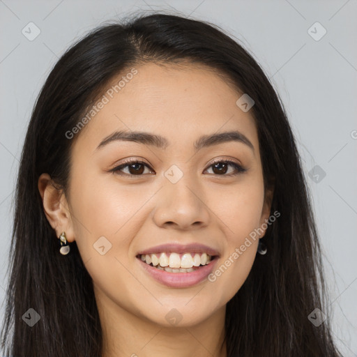 Joyful white young-adult female with long  brown hair and brown eyes