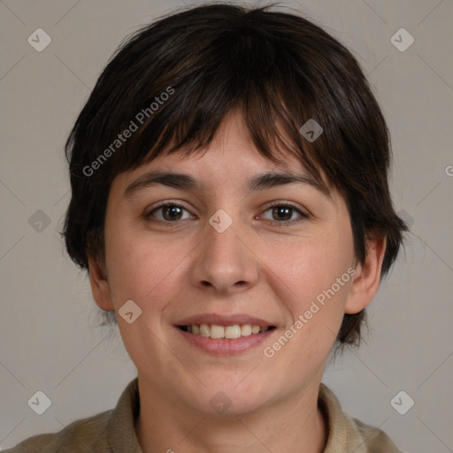 Joyful white young-adult female with medium  brown hair and brown eyes