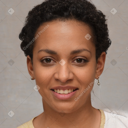 Joyful latino young-adult female with short  brown hair and brown eyes