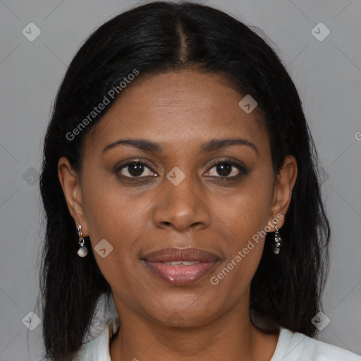 Joyful black young-adult female with medium  brown hair and brown eyes