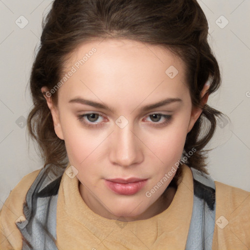 Neutral white young-adult female with medium  brown hair and brown eyes