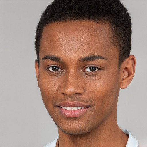 Joyful black young-adult male with short  brown hair and brown eyes