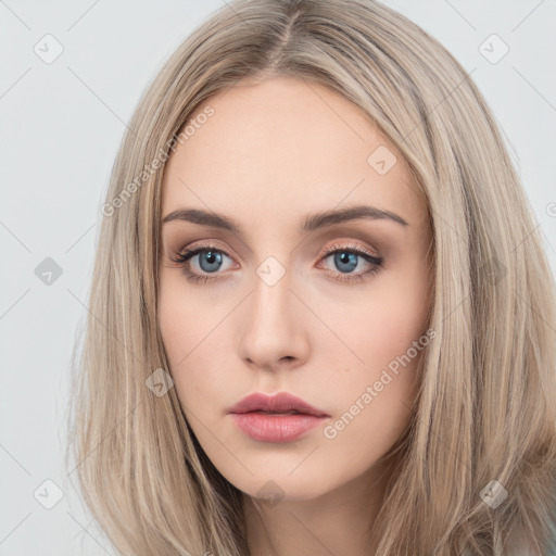 Neutral white young-adult female with long  brown hair and grey eyes