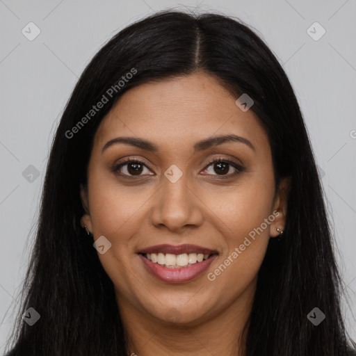 Joyful latino young-adult female with long  brown hair and brown eyes