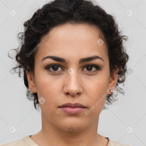 Neutral white young-adult female with short  brown hair and brown eyes