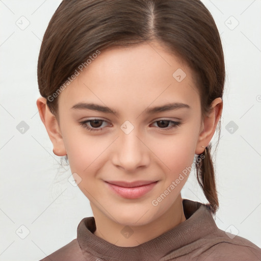 Joyful white child female with short  brown hair and brown eyes