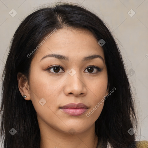 Joyful asian young-adult female with long  brown hair and brown eyes