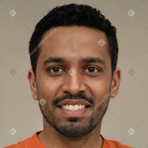 Joyful latino young-adult male with short  black hair and brown eyes