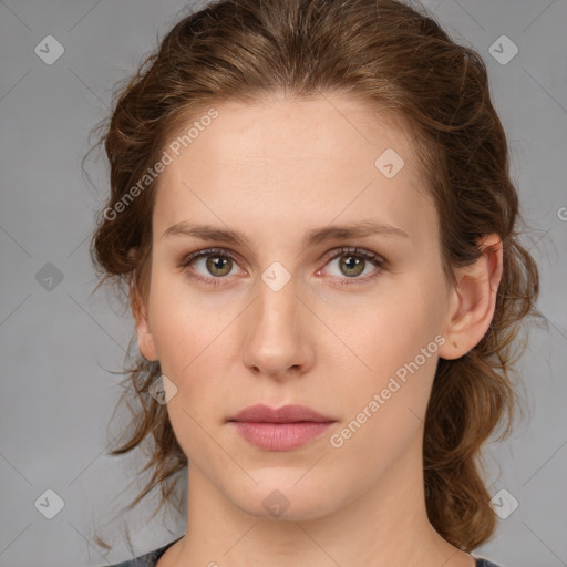 Neutral white young-adult female with medium  brown hair and brown eyes