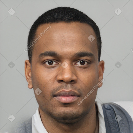 Neutral black young-adult male with short  black hair and brown eyes