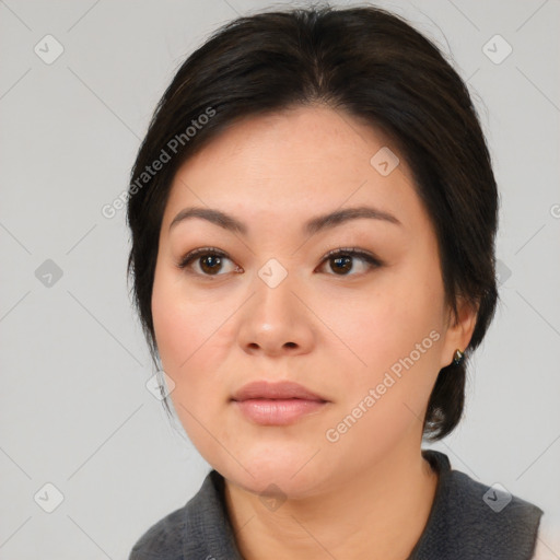 Neutral asian young-adult female with medium  brown hair and brown eyes