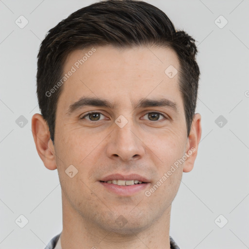 Joyful white young-adult male with short  brown hair and brown eyes