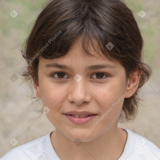 Joyful white child female with medium  brown hair and brown eyes