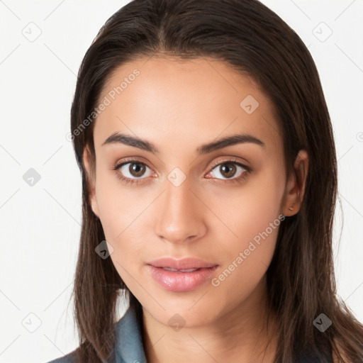 Neutral white young-adult female with long  brown hair and brown eyes