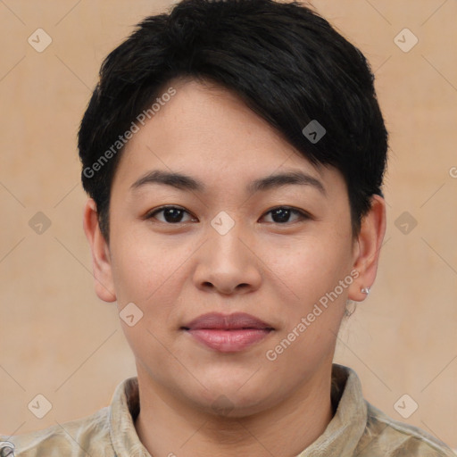 Joyful asian young-adult female with short  black hair and brown eyes