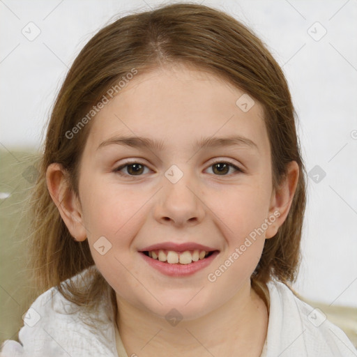 Joyful white child female with medium  brown hair and brown eyes