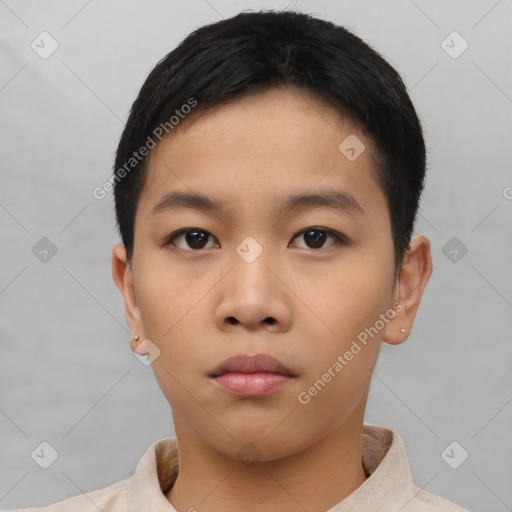 Neutral asian young-adult male with short  black hair and brown eyes