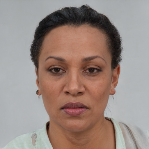 Neutral latino adult female with short  brown hair and brown eyes