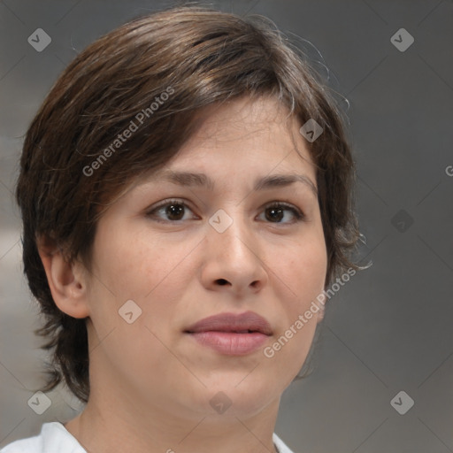 Neutral white adult female with medium  brown hair and brown eyes