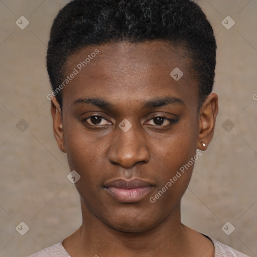 Neutral black young-adult male with short  black hair and brown eyes