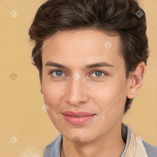 Joyful white young-adult male with medium  brown hair and brown eyes