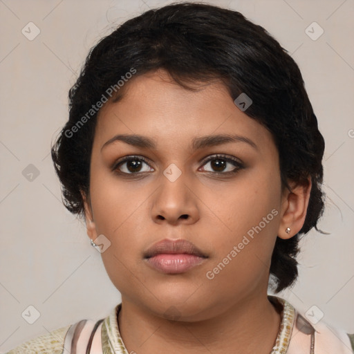 Neutral latino young-adult female with medium  brown hair and brown eyes