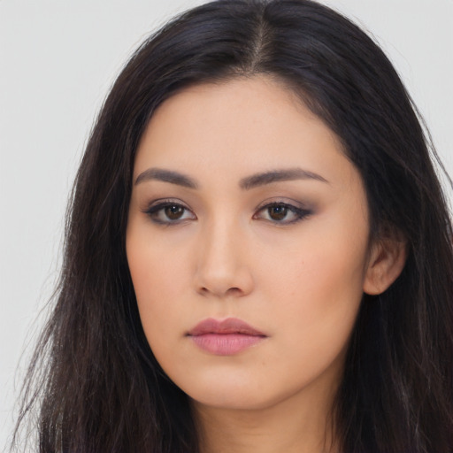 Neutral asian young-adult female with long  black hair and brown eyes