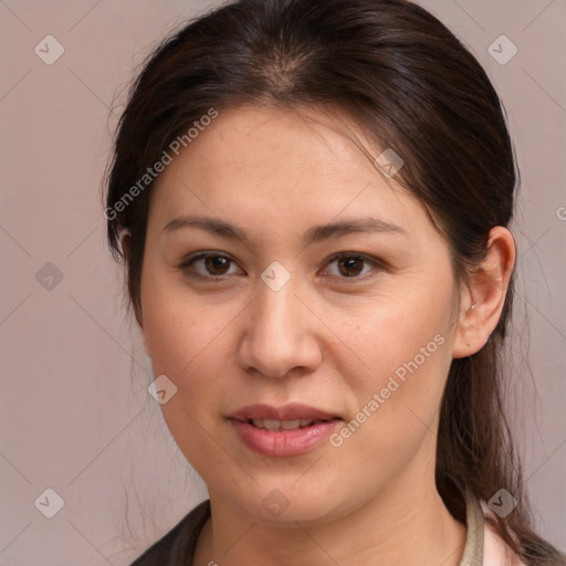 Joyful white young-adult female with medium  brown hair and brown eyes