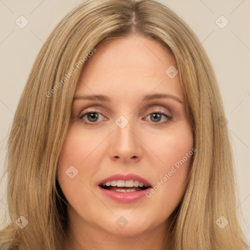 Joyful white young-adult female with long  brown hair and brown eyes