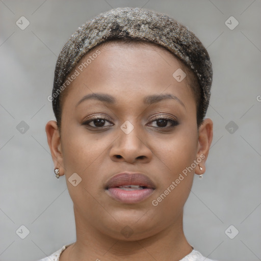 Joyful black young-adult female with short  brown hair and brown eyes