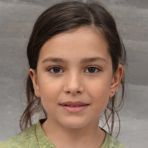 Joyful white child female with medium  brown hair and brown eyes