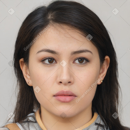 Neutral asian young-adult female with medium  brown hair and brown eyes