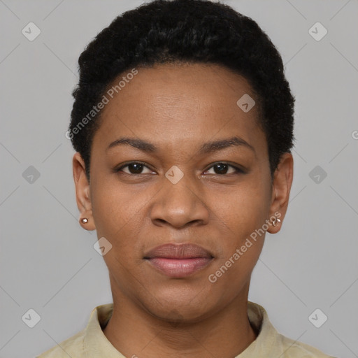 Joyful black young-adult female with short  black hair and brown eyes