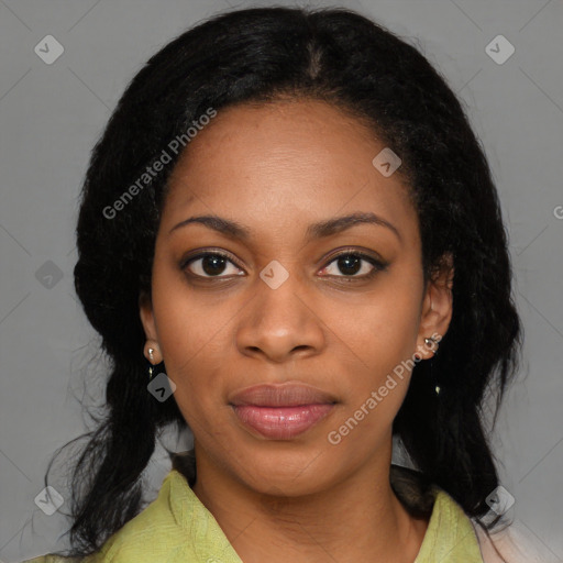 Joyful black young-adult female with medium  black hair and brown eyes