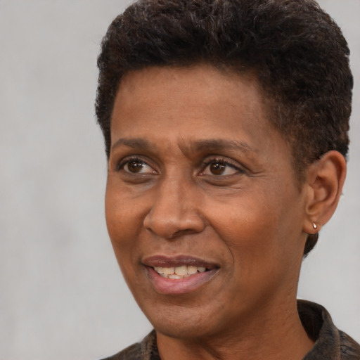 Joyful black adult male with short  brown hair and brown eyes