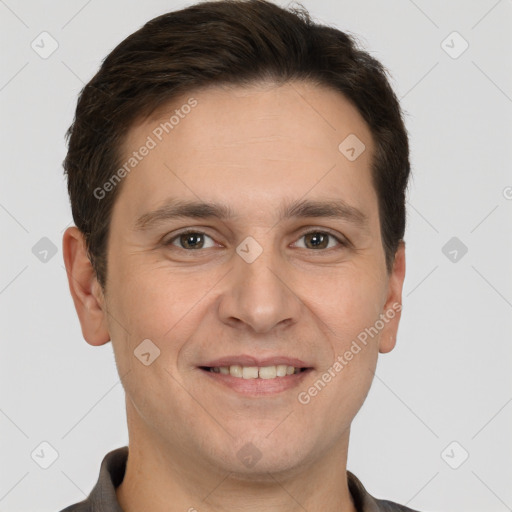 Joyful white young-adult male with short  brown hair and brown eyes