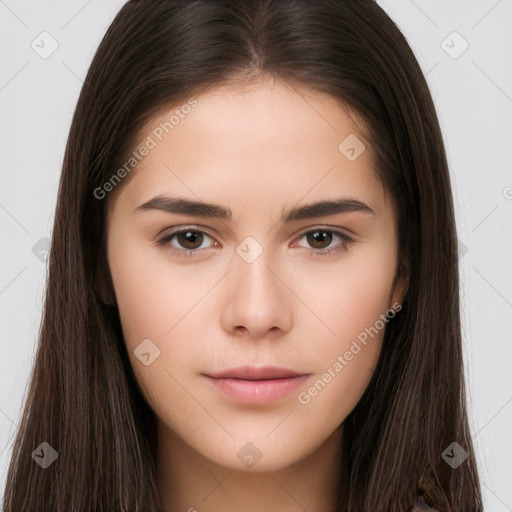 Neutral white young-adult female with long  brown hair and brown eyes