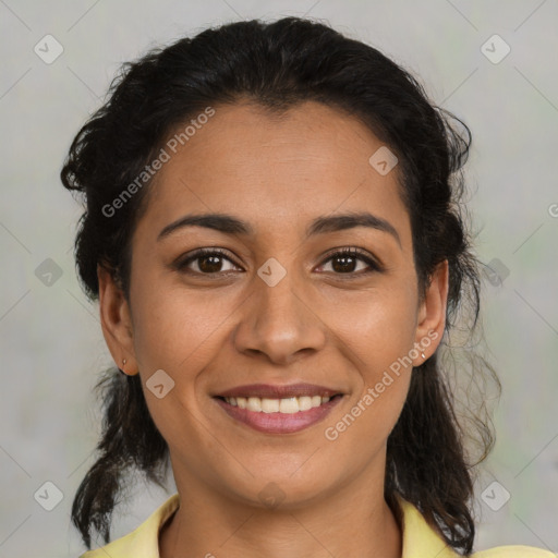 Joyful latino young-adult female with medium  brown hair and brown eyes