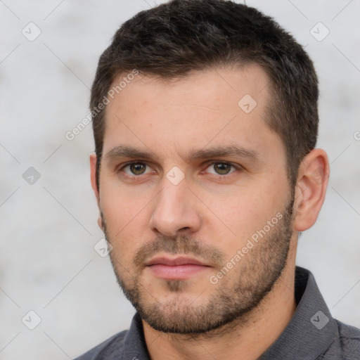 Neutral white young-adult male with short  brown hair and brown eyes