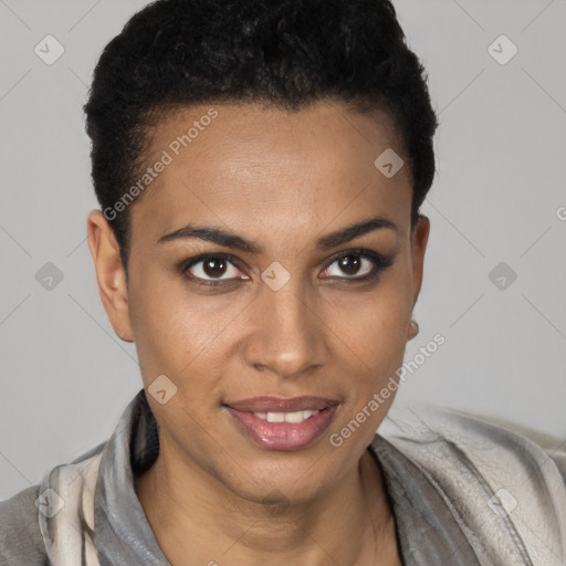 Joyful black young-adult female with short  brown hair and brown eyes