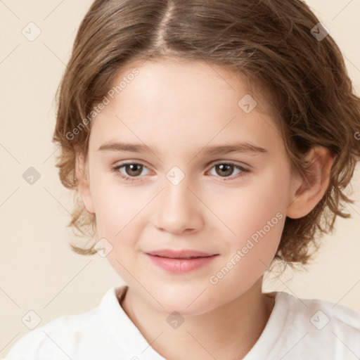 Joyful white child female with medium  brown hair and brown eyes