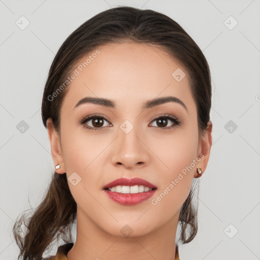 Joyful white young-adult female with long  brown hair and brown eyes