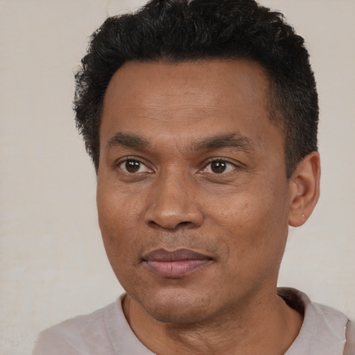 Joyful black adult male with short  black hair and brown eyes