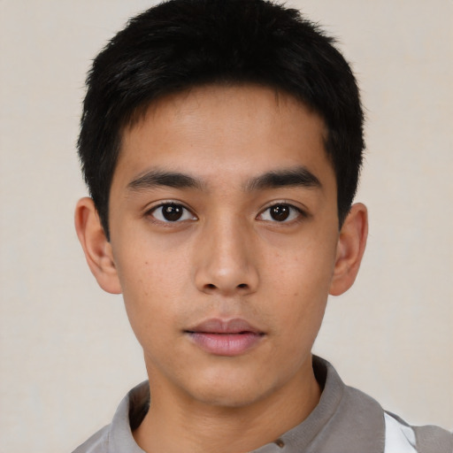 Neutral asian young-adult male with short  black hair and brown eyes