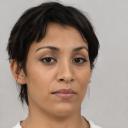 Neutral asian young-adult female with medium  brown hair and brown eyes