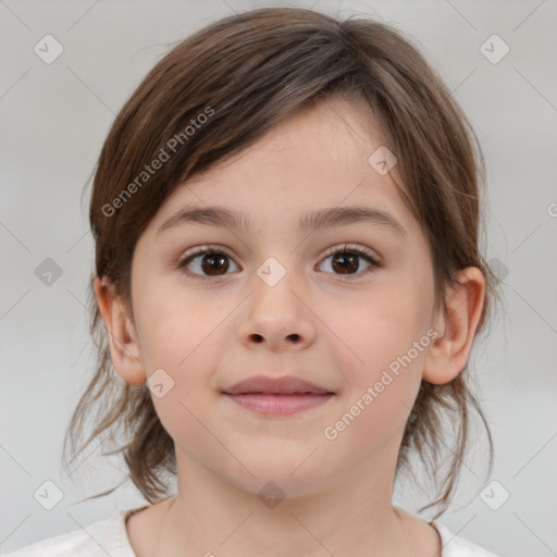 Joyful white child female with medium  brown hair and brown eyes