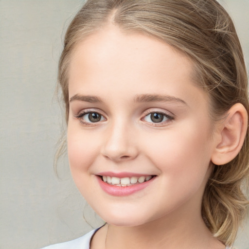 Joyful white child female with medium  brown hair and blue eyes