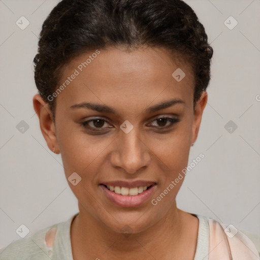 Joyful latino young-adult female with short  brown hair and brown eyes