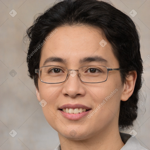 Joyful white adult female with medium  brown hair and brown eyes